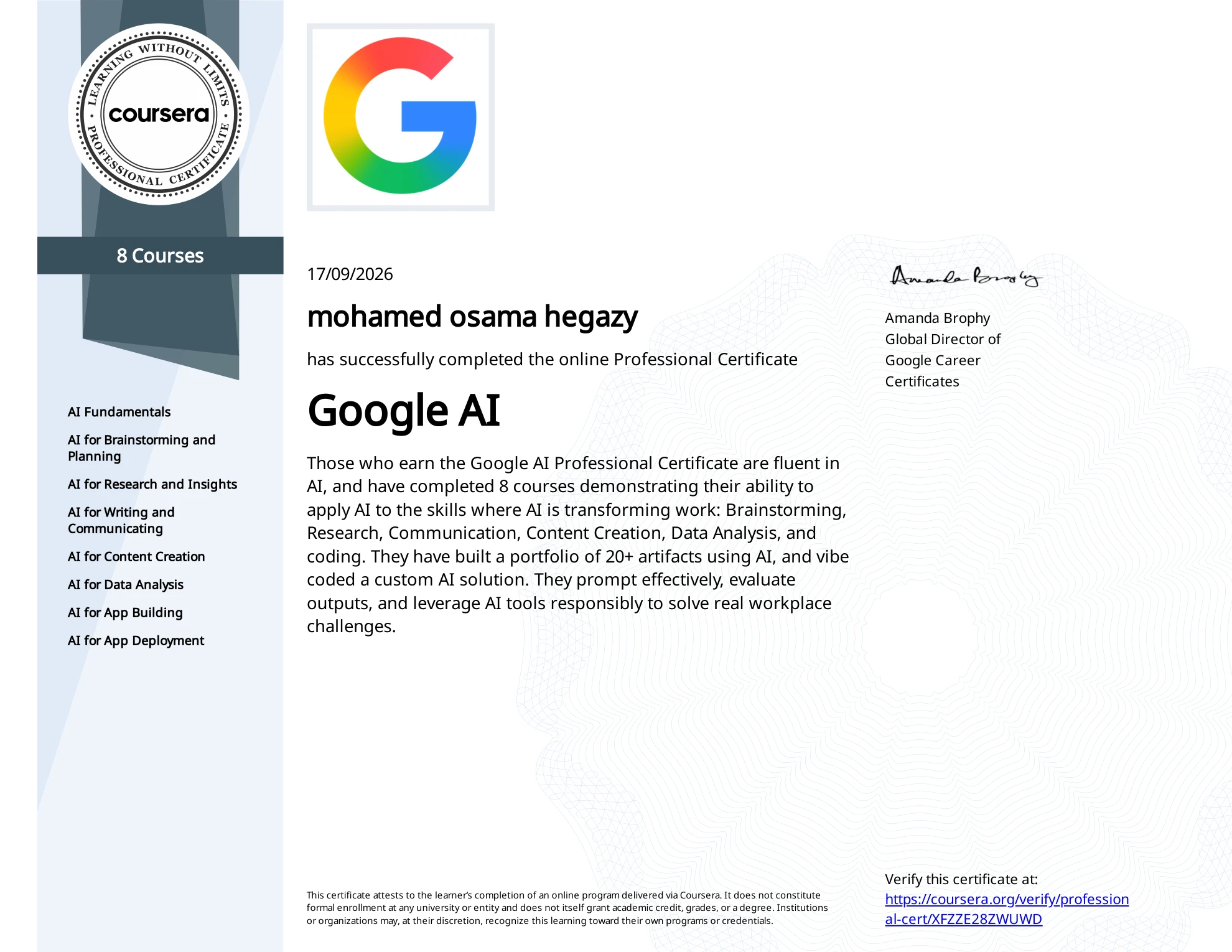 الشهادة الاحترافية في الذكاء الاصطناعي — Google AI Professional Certificate